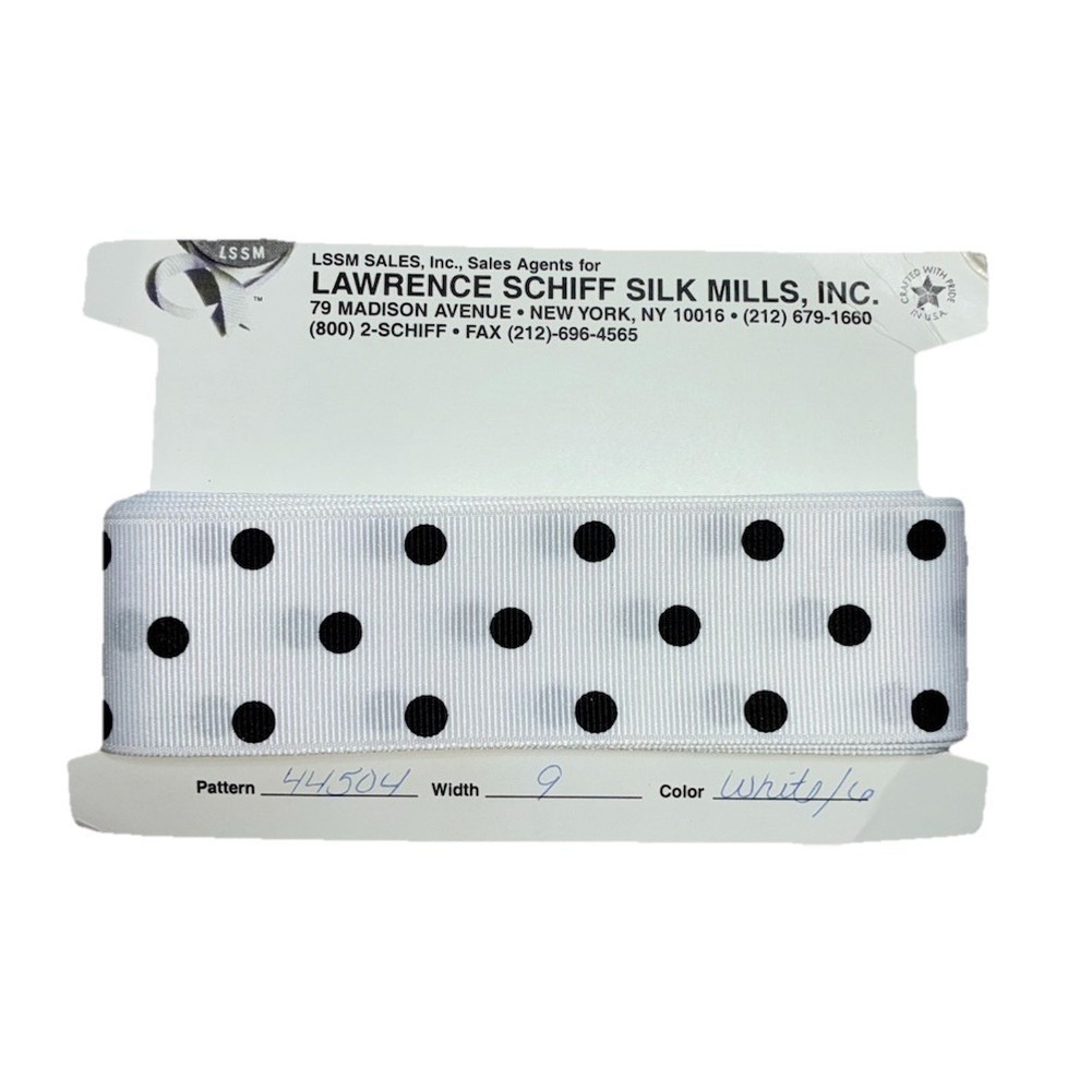 Lawrence Schiff Silk Mills Ribbon‎ White Black Polka Dot 1.5" x 5 yd Made In USA